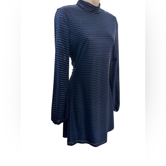 Lulus Ticket to Chic Navy Blue Striped Velvet Balloon Sleeve Dress - Picture 9 of 13